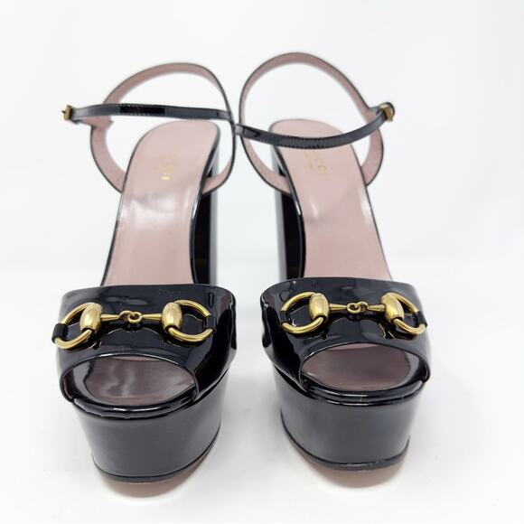 Gucci Claudie Horsebit Patent Leather Platform Sandals Heels - Picture 3 of 11